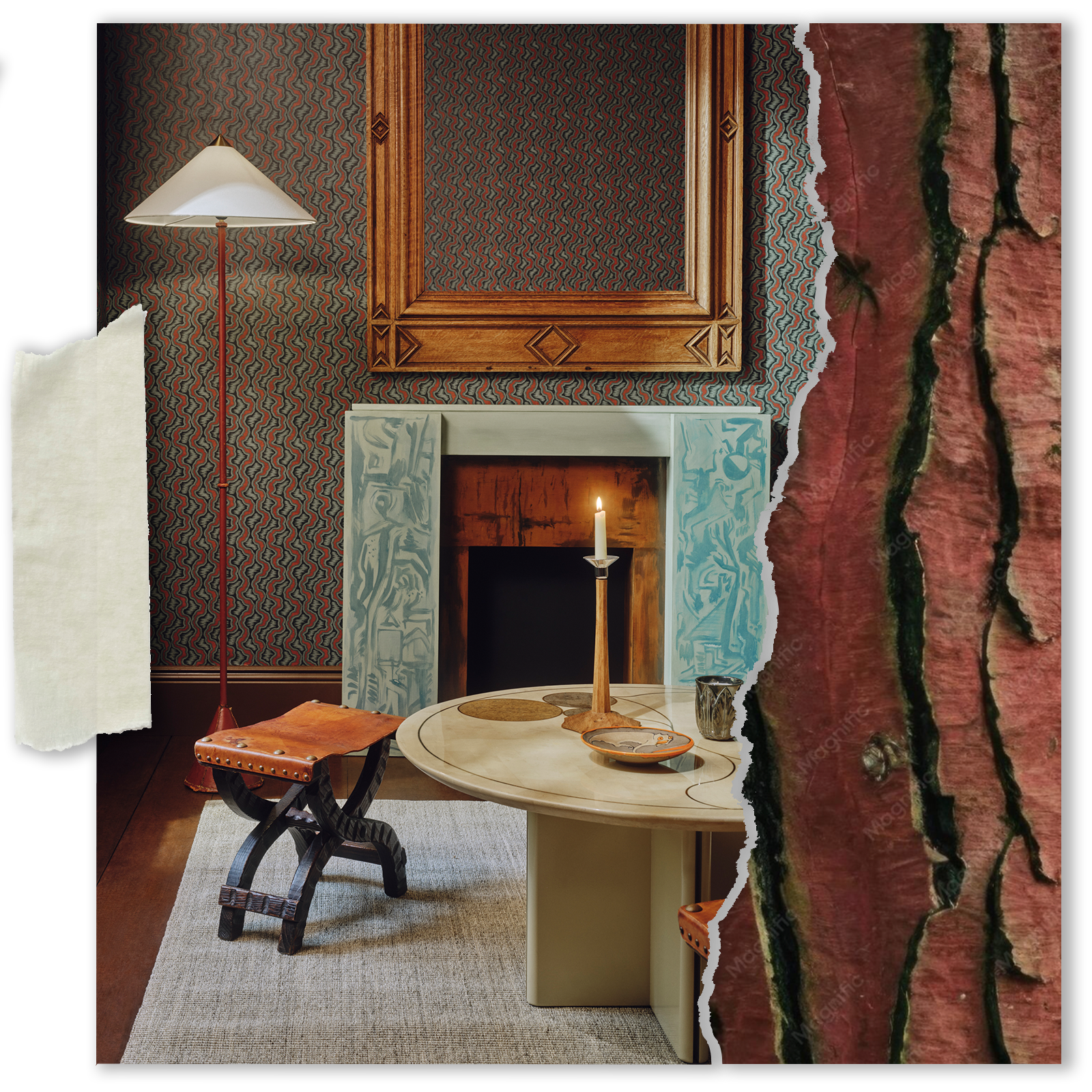 a room with a fireplace and a table