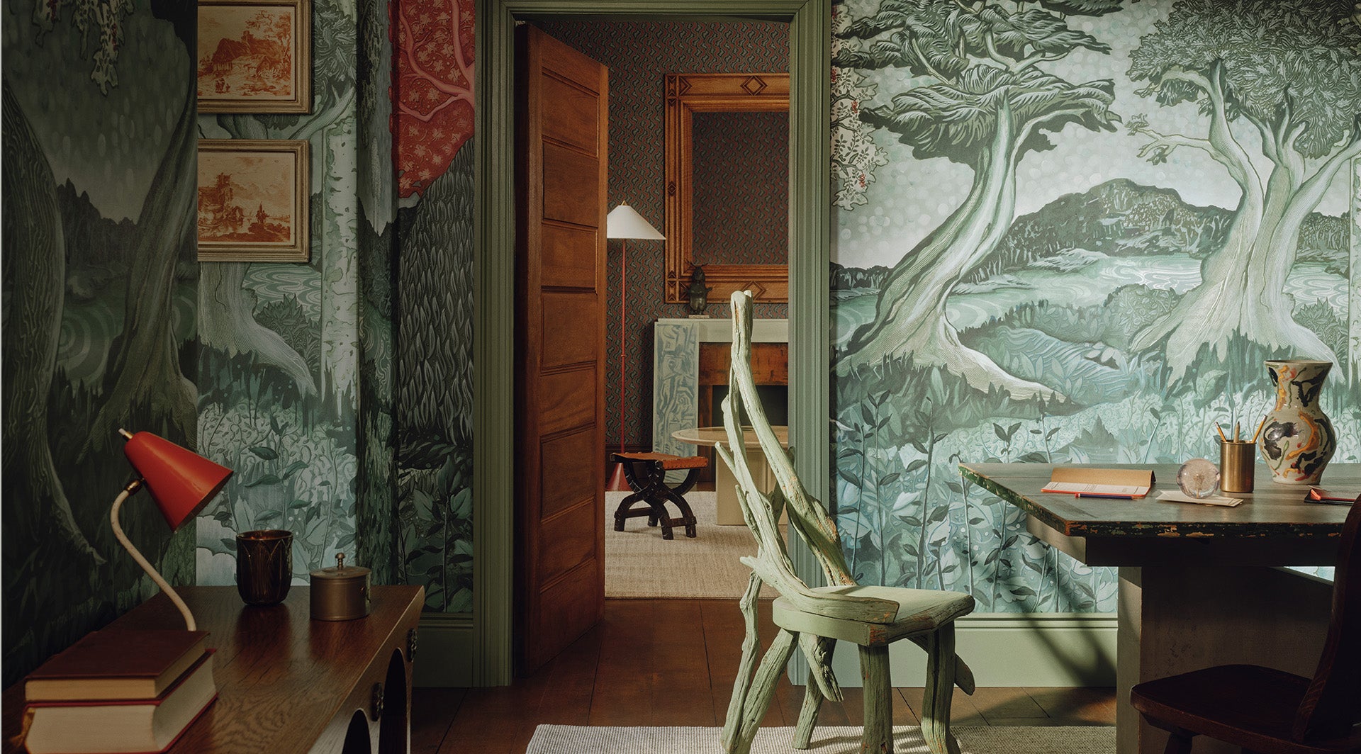 a room with a chair and a table