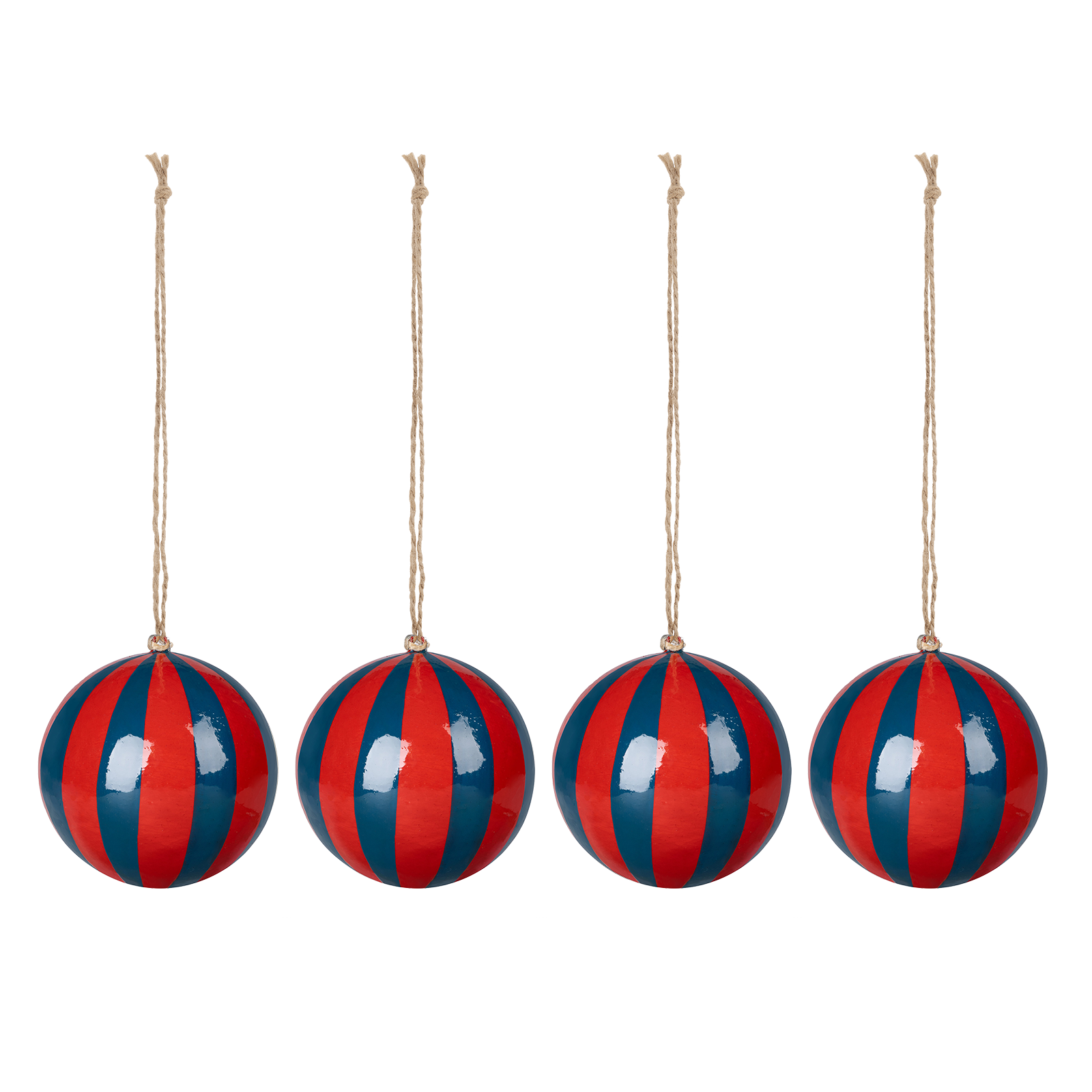 a group of red and blue striped balls from a string