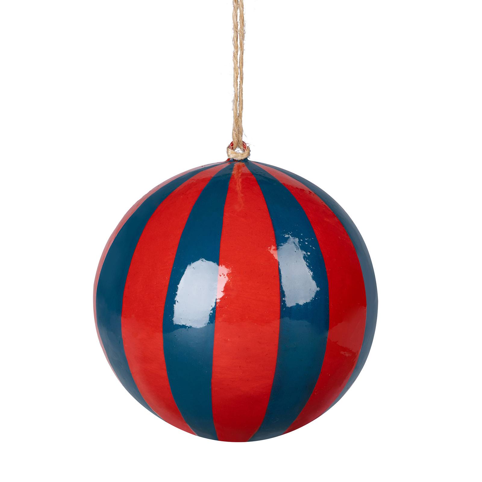 a red and blue striped ball
