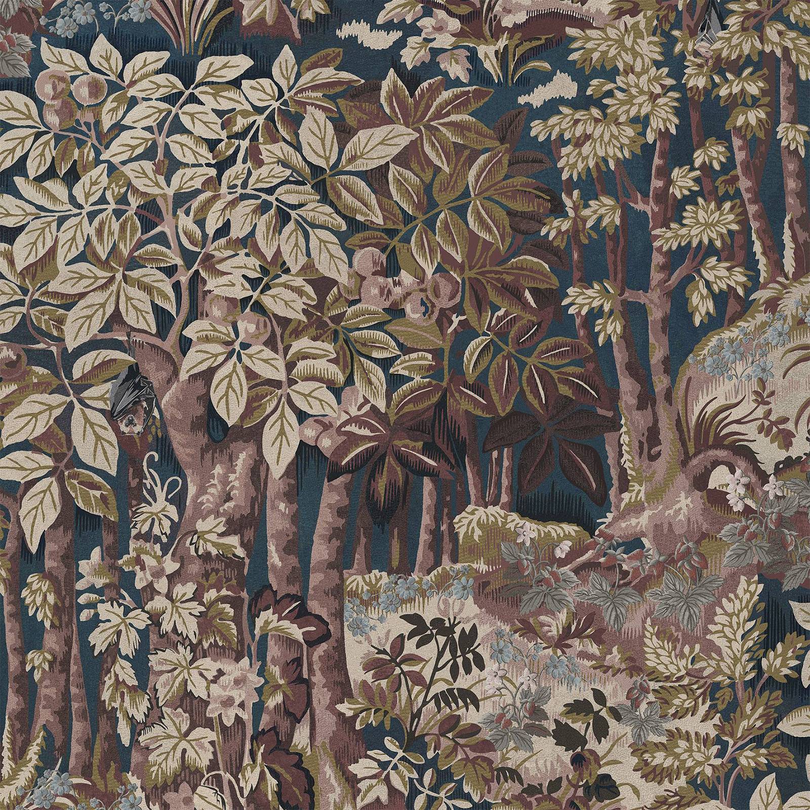 a tapestry with trees and animals