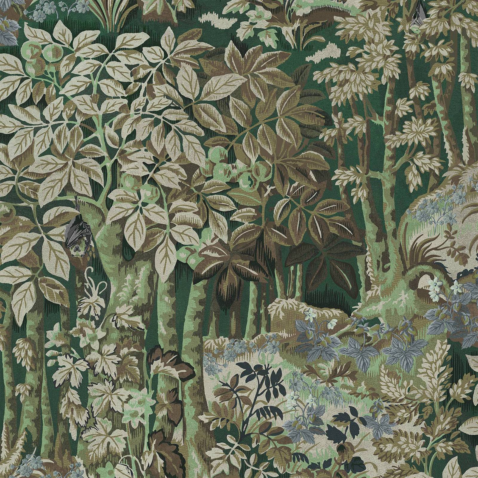 a green and brown tapestry with trees and plants
