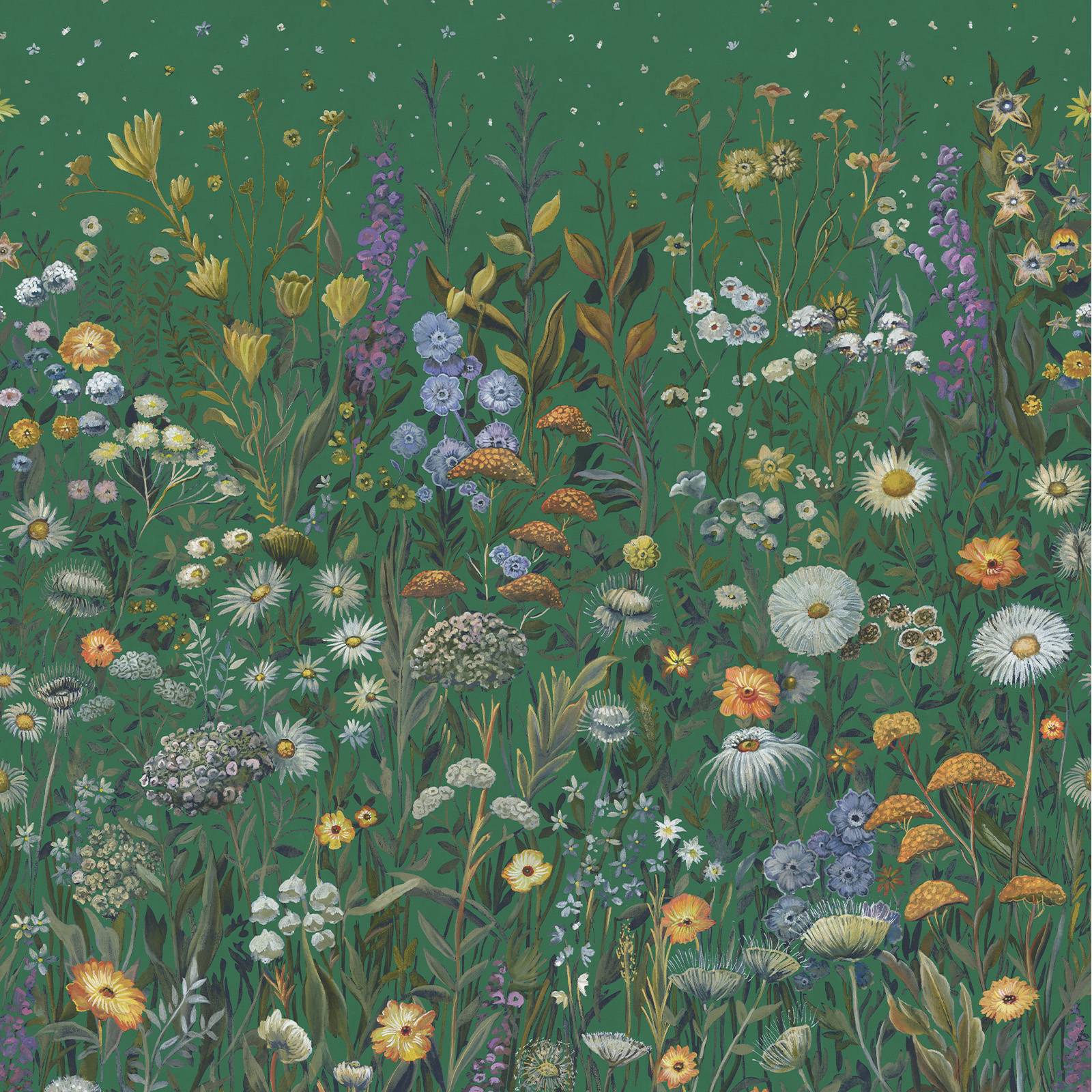a painting of flowers on a green background