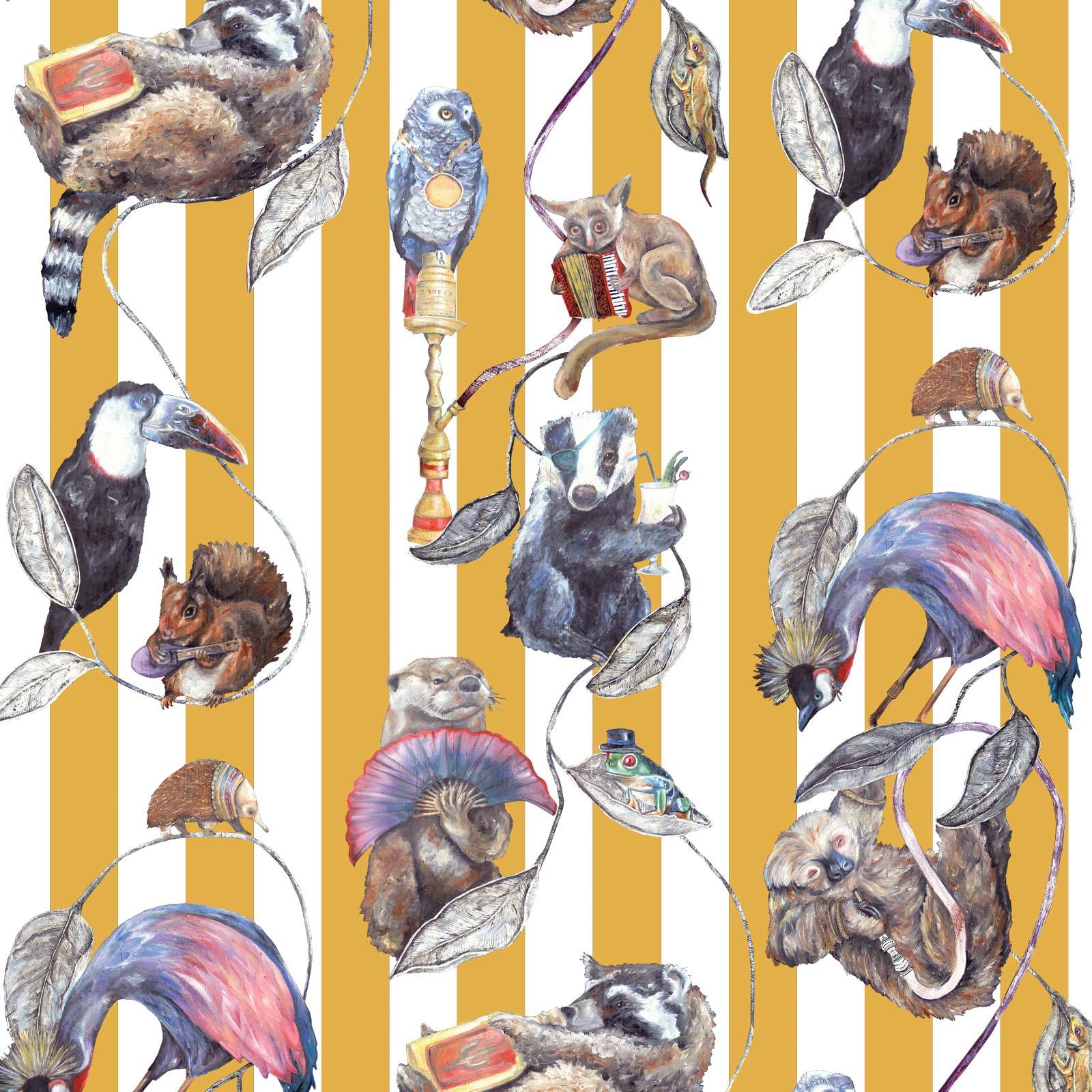 a pattern of animals on a striped background