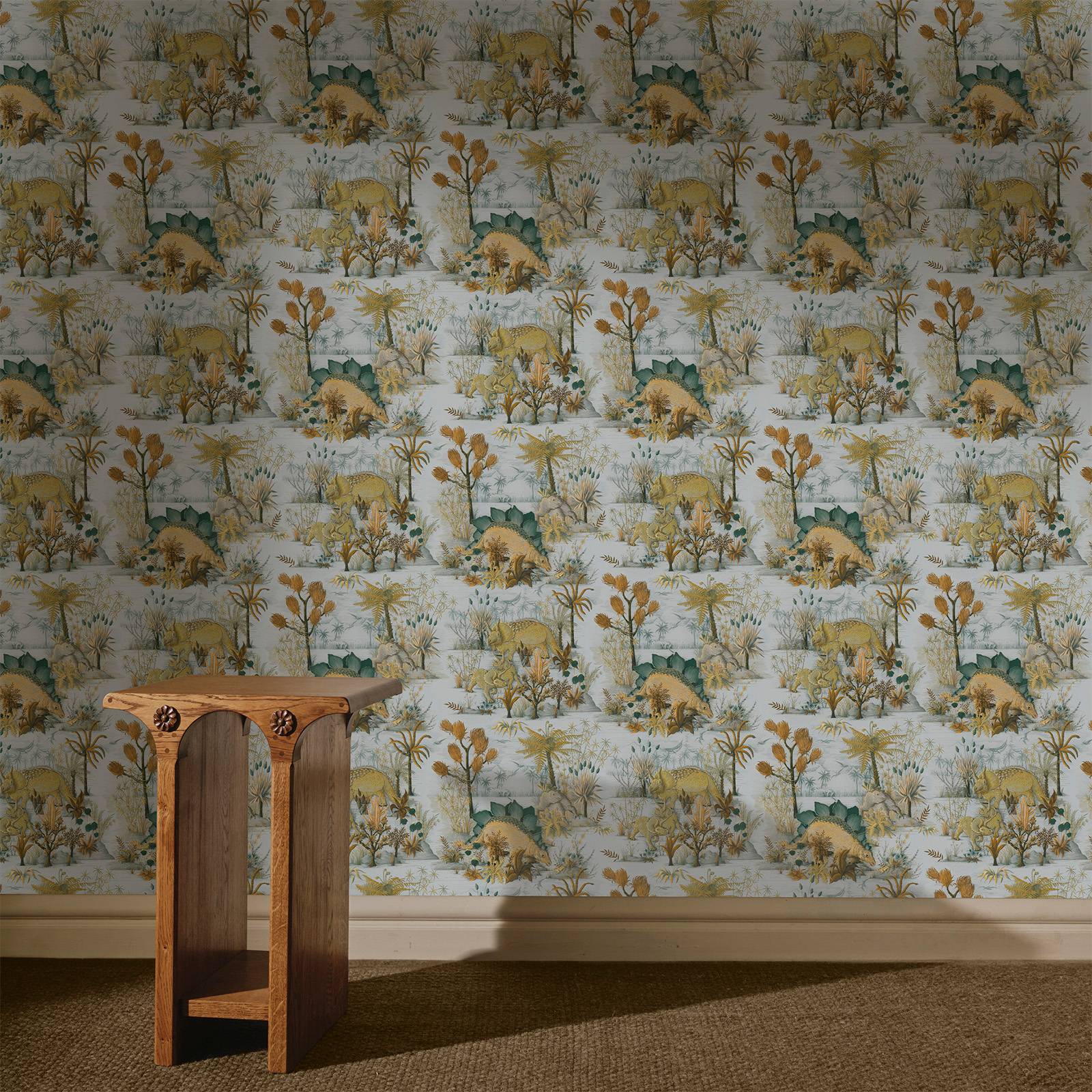 a table in front of a wallpaper