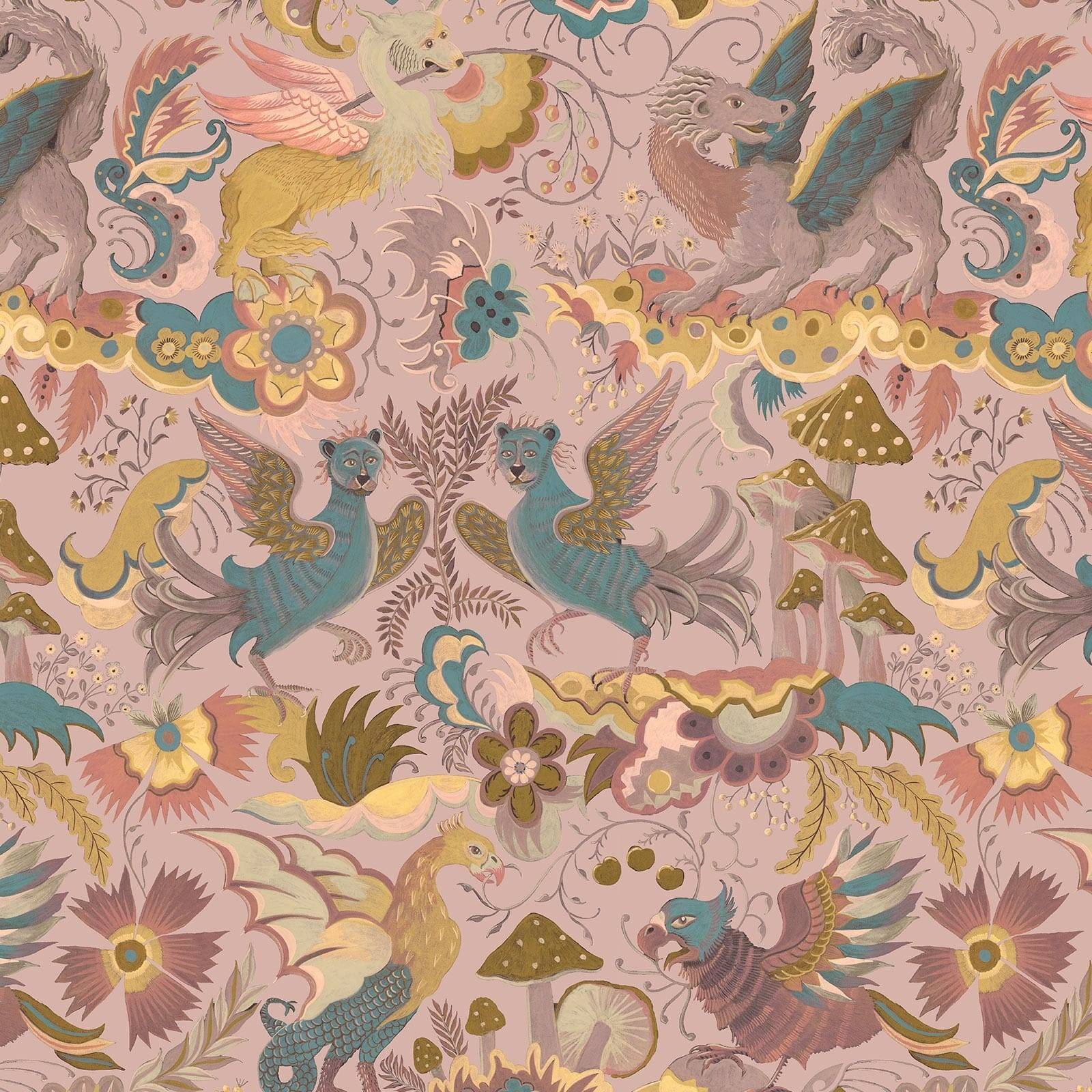 a pattern of animals and birds