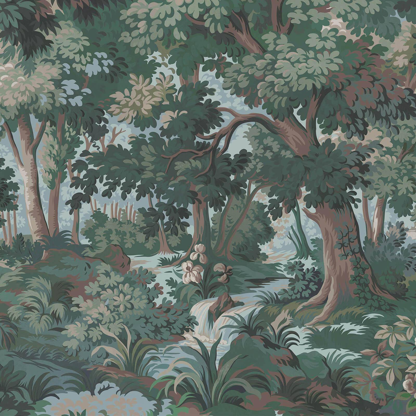 a painting of a forest with trees and a stream