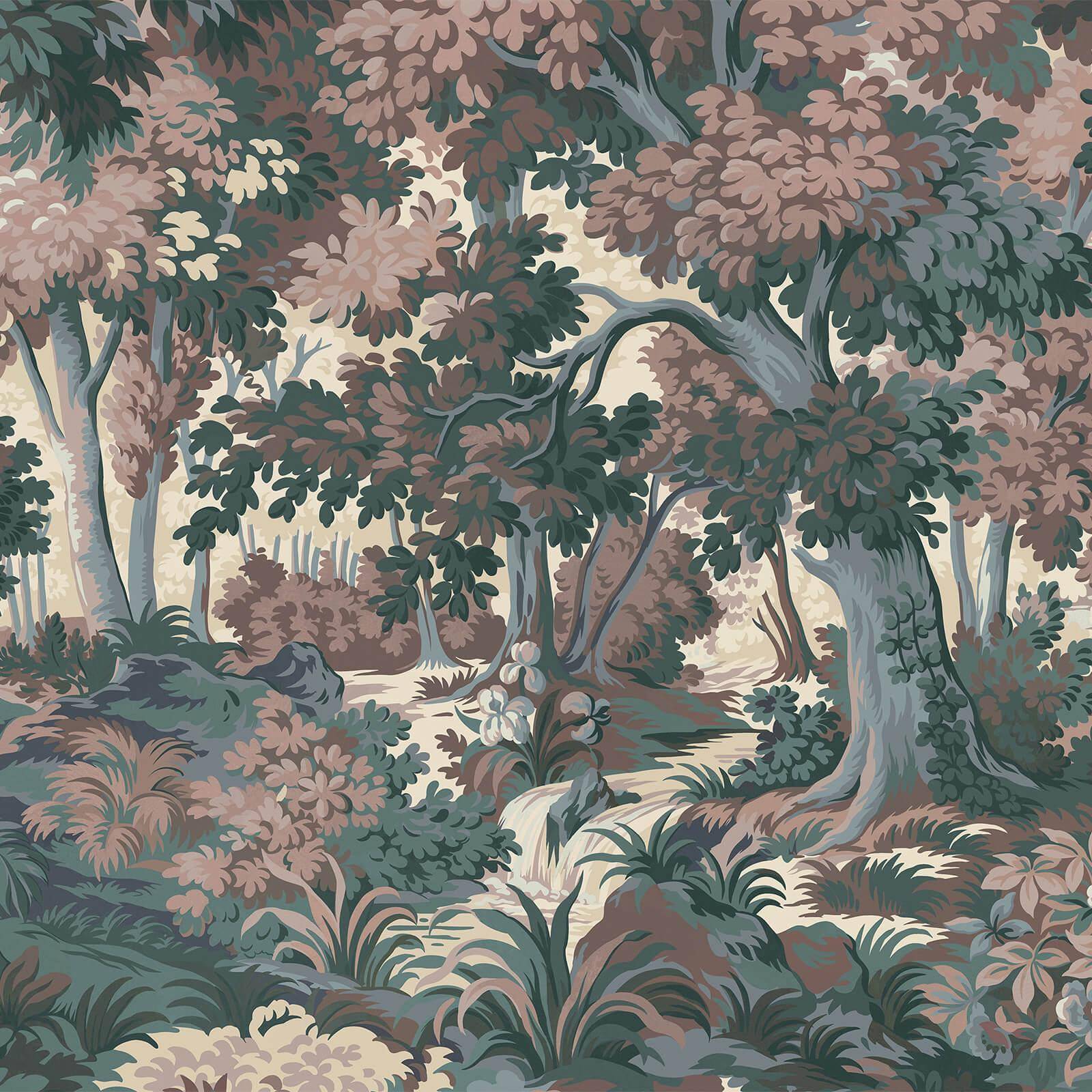 a painting of a forest with trees and plants