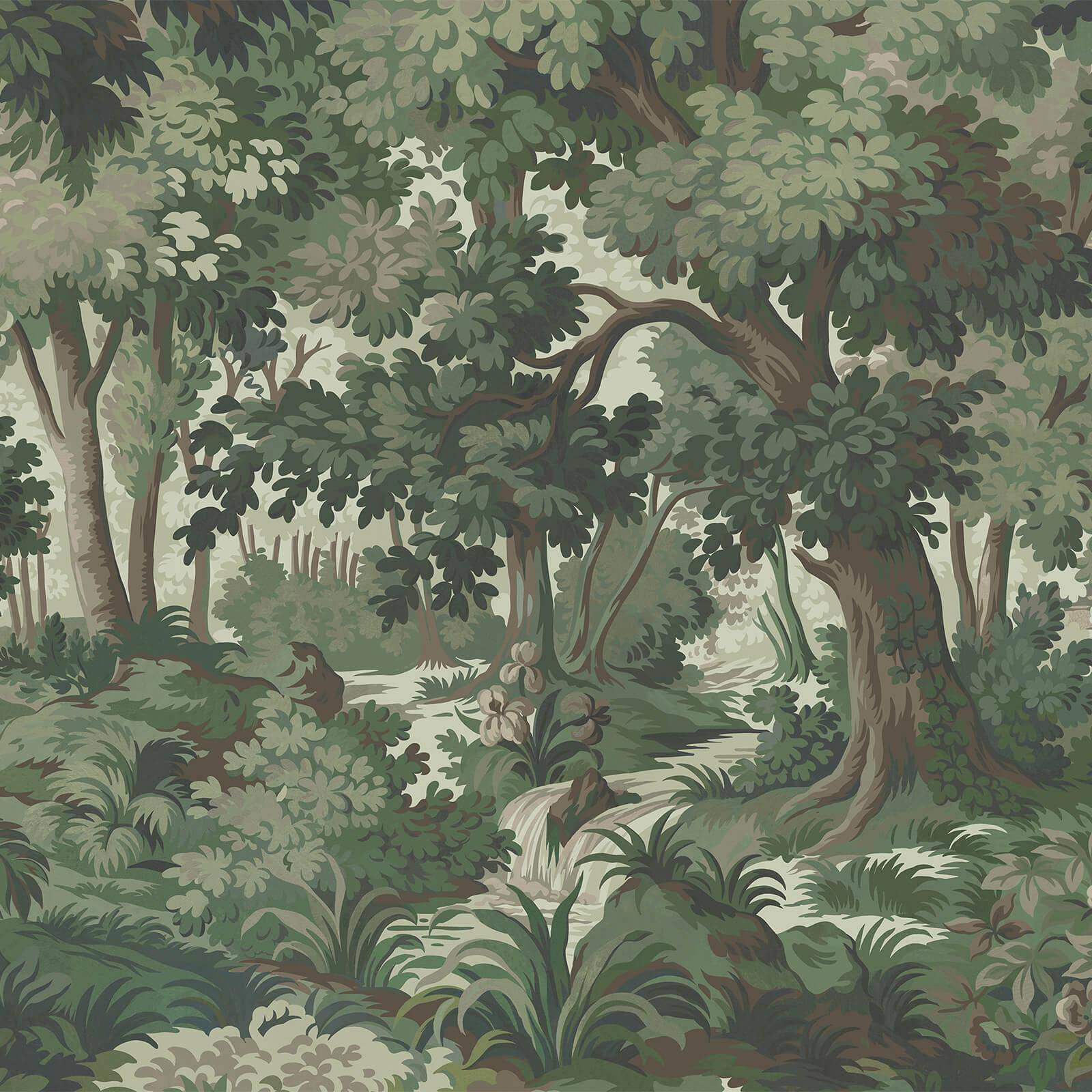 a painting of a forest with trees and plants