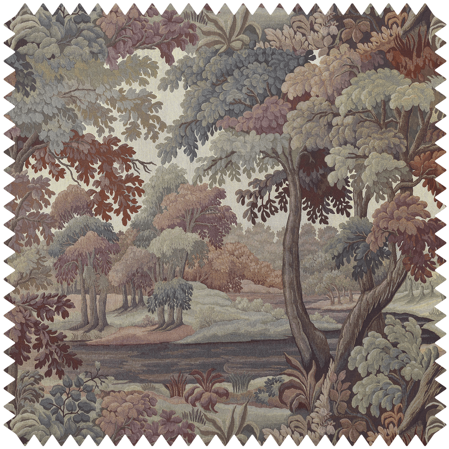 a tapestry with trees and a river